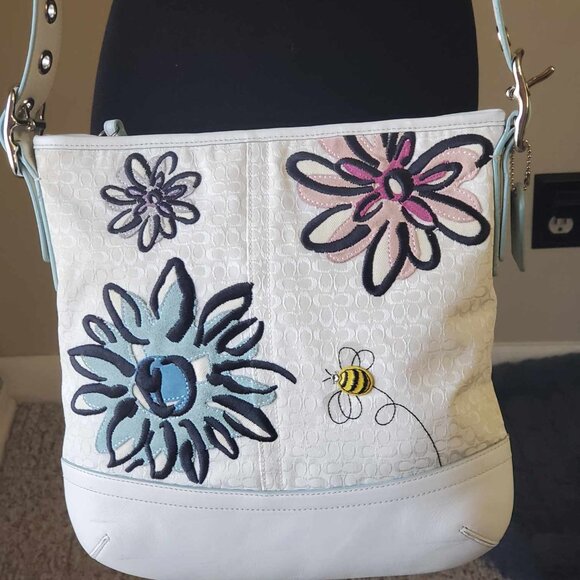 COACH WHITE SIGNATURE FLORAL BEE DUFFLE CROSSBODY - Picture 3 of 17